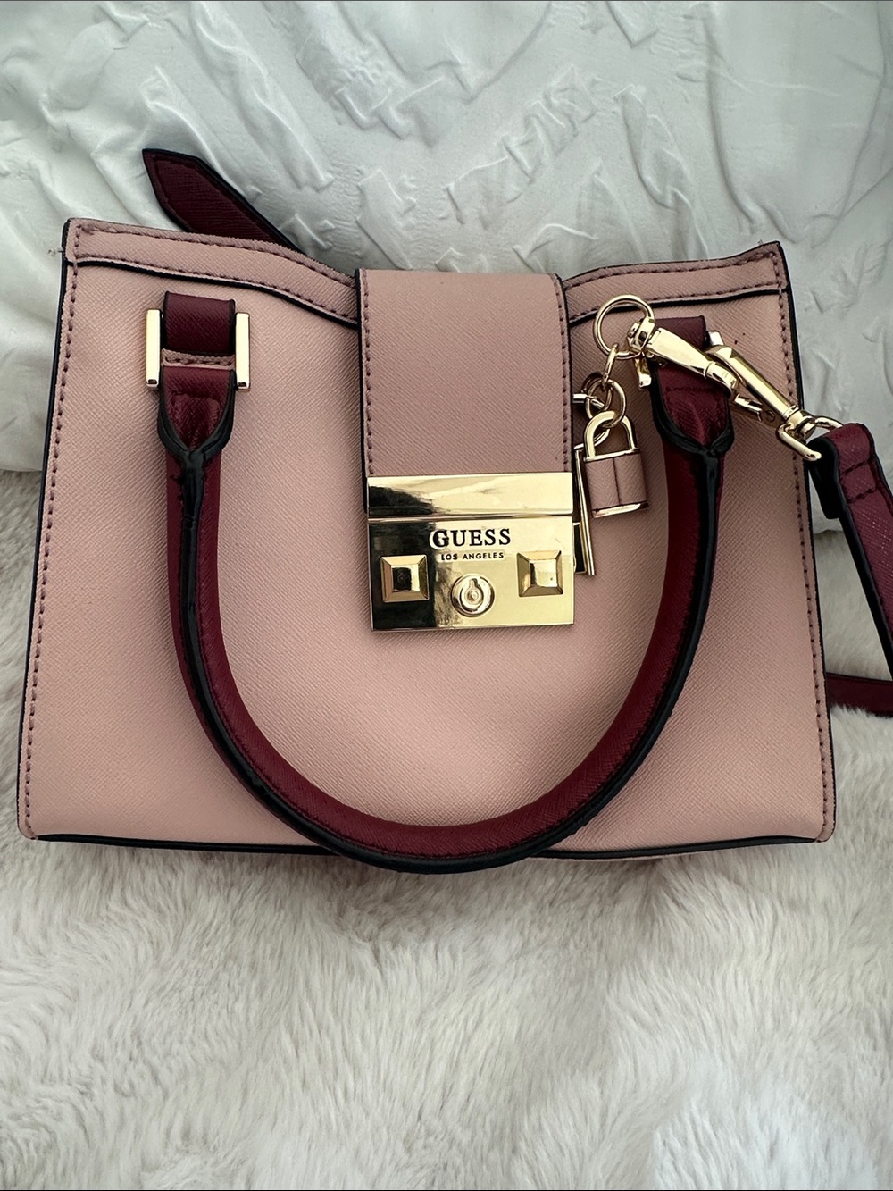 GUESS Blush Pink with Burgundy Trim Mini Satchel